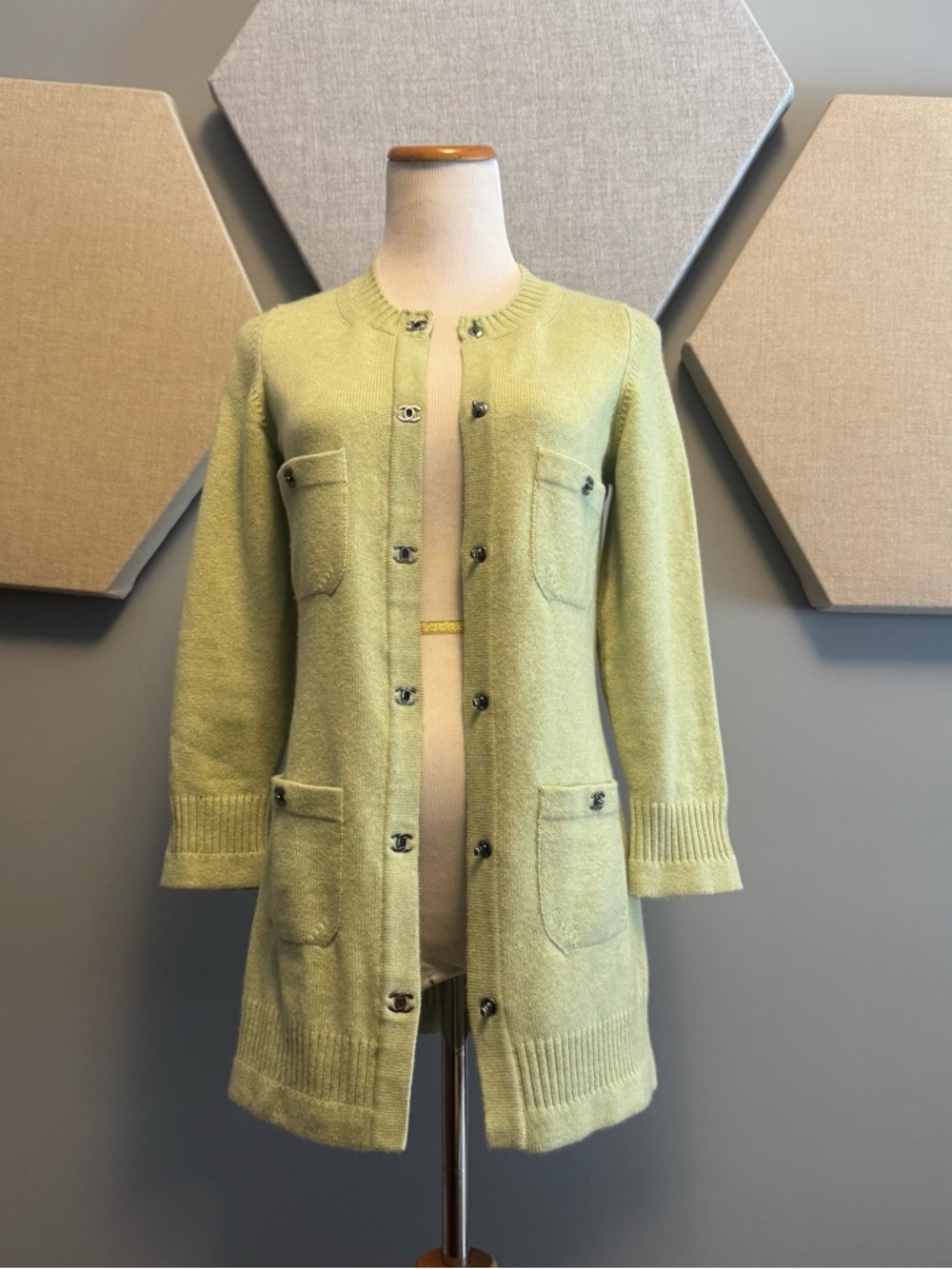 Authentic vintage Chanel Apple Green Cardigan Sweater cardigan turn lock